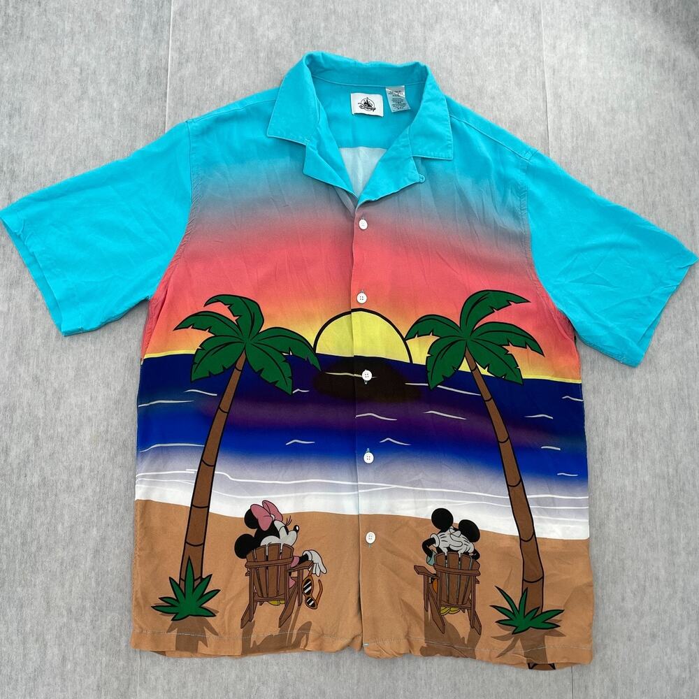 Disney Shirt Adult Large Button Up Mickey Mouse Minnie Mouse Summer Woven Mens L
